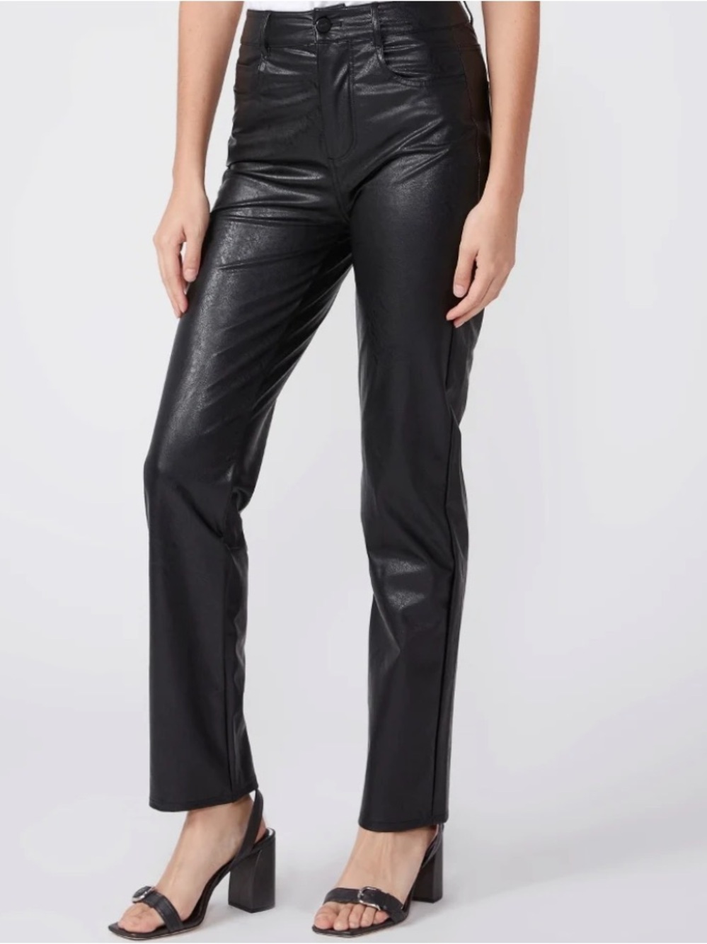 PAIGE “Stella” Black Vegan Leather Straight-Leg 5 Pocket Jeans Size 30